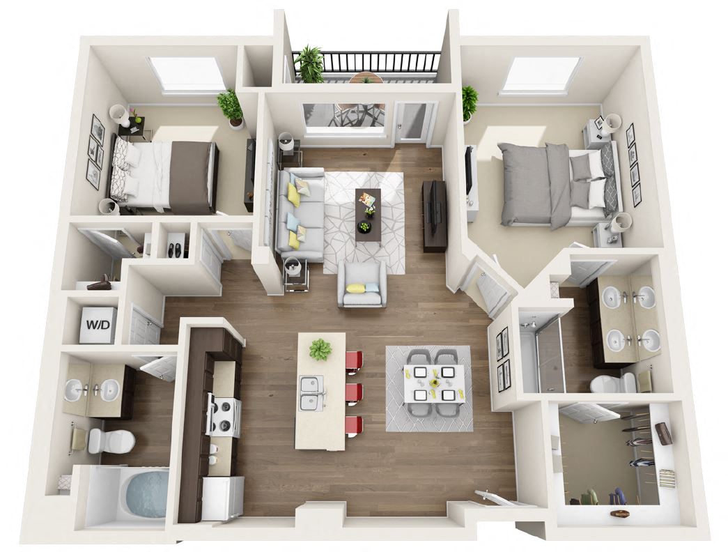 Floor plan for 2 beds, 2 baths, 1142 sqft